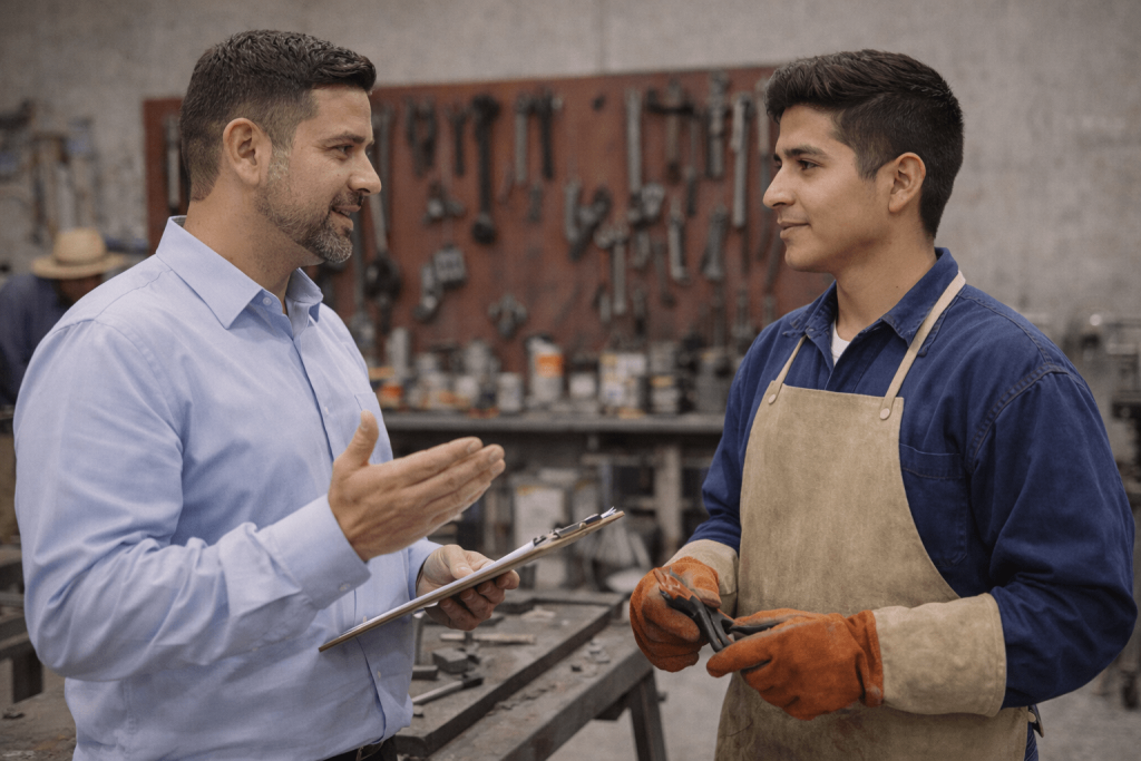 aprendiz dialogando con tutor en Jóvenes Construyendo el Futuro